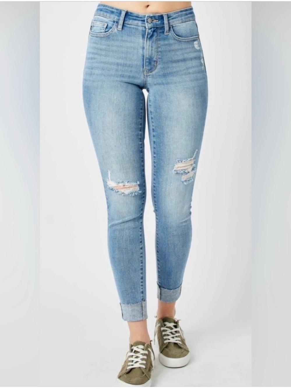 Judy Blue Distressed Medium Blue Cropped Skinny Jeans